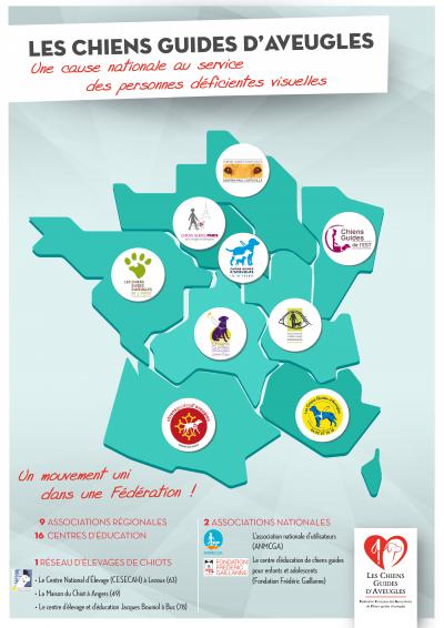 La carte du mouvement chien guide présentant toutes les écoles de chiens guides par régions avec pour chacune leur logo. 