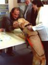 Richard Bohringer fait un calin a un chien d'aveugle