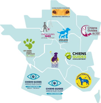 Une carte de France avec les logos des associations de chiens guides fédérées.