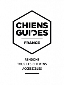 Logo du label Chiens Guides France. D'une forme hexagonal, noire, Chiens Guides est écrit au centre, un profil de tête de chien remplit l'intérieur de la lettre D. En dessous, un trait vertical vient faire une séparation et le nom France est écrit en dessous.