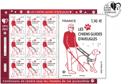 Présentation du timbre à la feuille, composée de 15 exemplaires du timbre. Par dessus, en grand, est visible le timbre. Un maître de chien guide tient son chien guide au harnais de sa main gauche et tient sa canne dans la main droite. Ils sont de profil et avancent vers l'avant. La valeur faciale de 1,16 € est inscrite sur le timbre, textuellement et en braille. Les mentions de Philaposte, La Poste 2022 et Huitième Jour sont inscrites en bas du timbre.