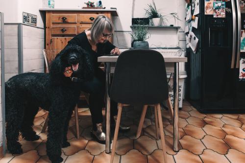 Une femme travaille sur la table de sa cuisine en présence de son chien guide.