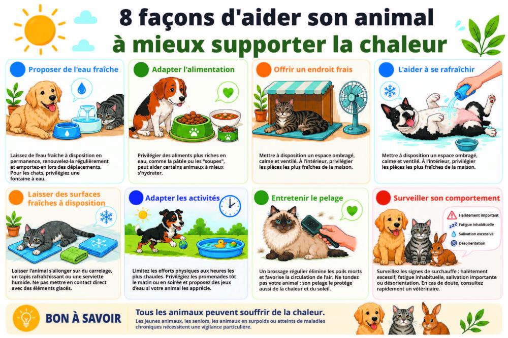 Infographie des 8 façons d'aider son animal à mieux supporter la chaleur. Proposer de l'eau fraîche, adapter l'alimentation, offir un endroit frais, l'aider à se rafraîchir, laisser des surfaces fraîches à disposition, adapter les activités, entretenir le pelage et surveiller son comportement.