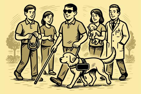 Illustration de tous les professionnels de santé, bénévoles et familles d'accueil entourant Julien et Alto.