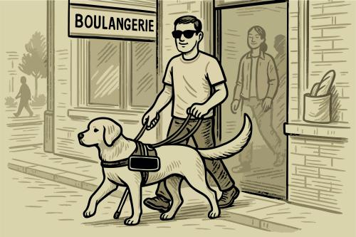 Illustration d'un maitre de chien guide allant à la boulangerie avec Alto