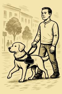 Illustration du maitre de chien guide se promenant avec Alto.