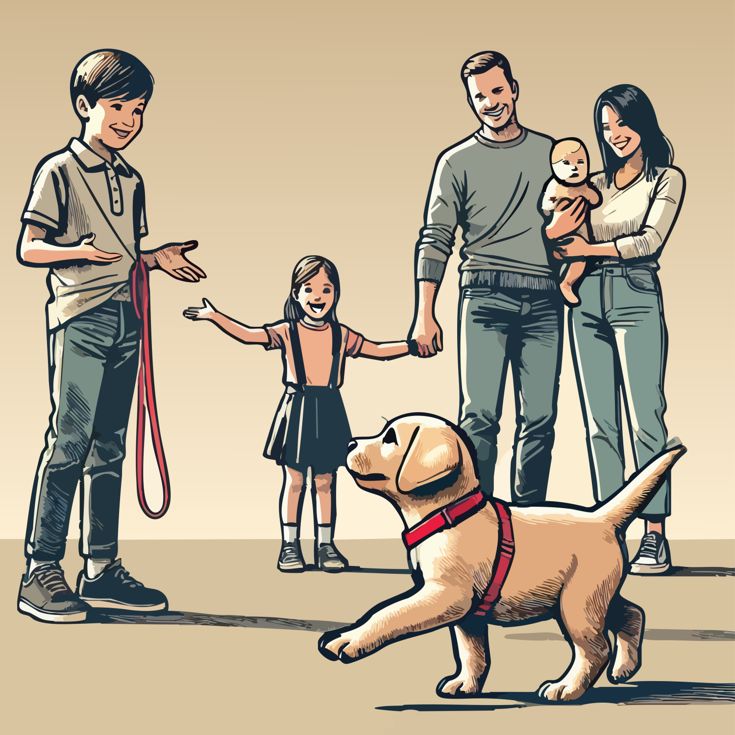 Dessin rétro d'un chiot arrivant dans une famille, avec le père, un petit garçon et une petite fille et la mère portant un bébé.