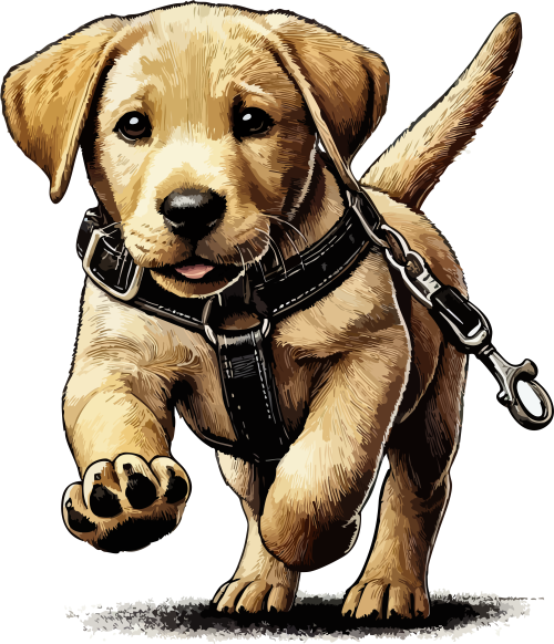 Dessin rétro d'un chiot labrador couleur sable, avec une laisse et qui regarde de face, alerte