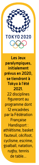 Les jeux paralympiques initialement prévus pour 2020 se tiendront à Tokyo à l'été 2021. 22 disciplines figureront au programme dont 12 encadrées par la Fédération Française Handisport 