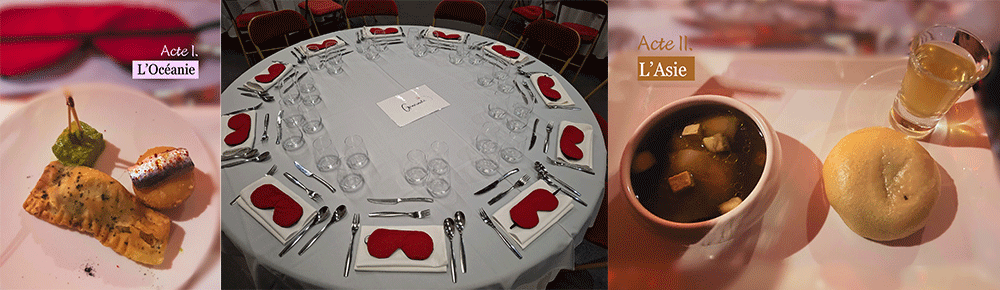 Bandeau de plusieurs photos de plats et de l'événement. Le premier plat représente l'Océanie, ensuite il y a une photo d'une table vide avec les couverts et bandeaux rouges et la troisième photo est un plat qui représente l'Asie.