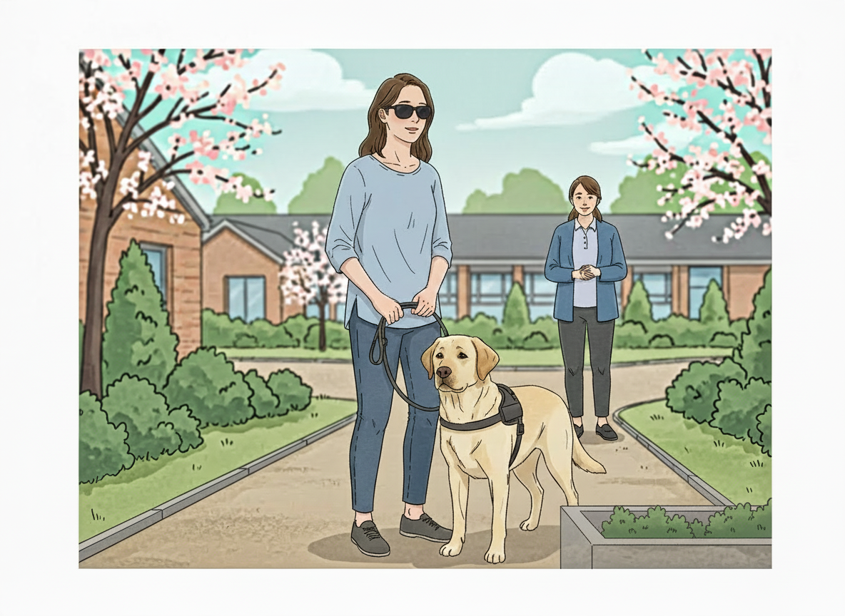 Illustration d'unepersonne aveugle ou malvoyante qui rencontre pour la première fois son futur chien guide. En arrière plan se trouve l'éducatrice qui laccompagne.